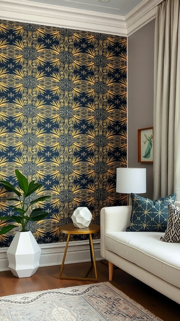 Living room featuring a navy and gold patterned wallpaper accent wall with modern furniture.