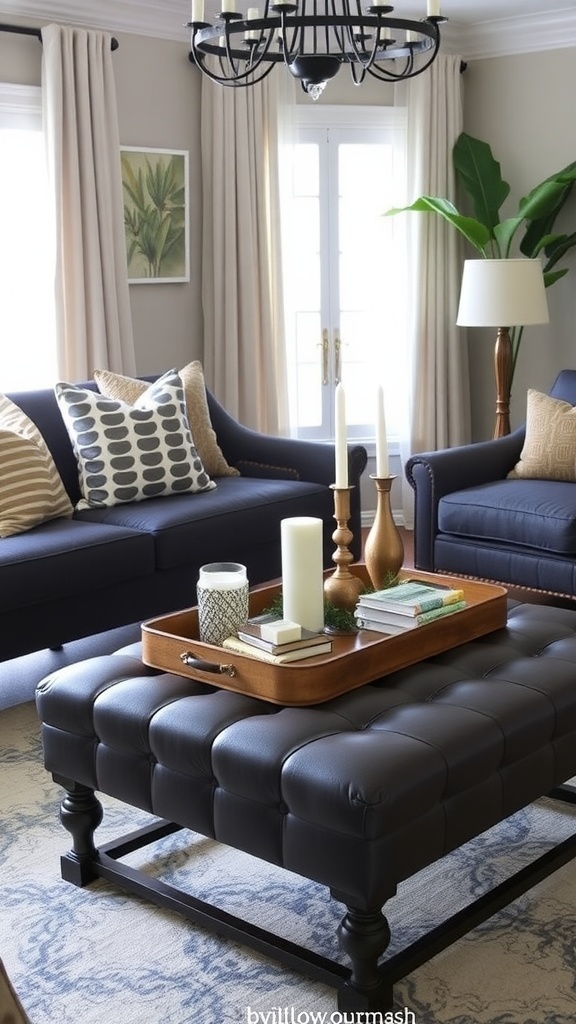 A stylishly accessorized ottoman with candles, a plant, and books on a tray.