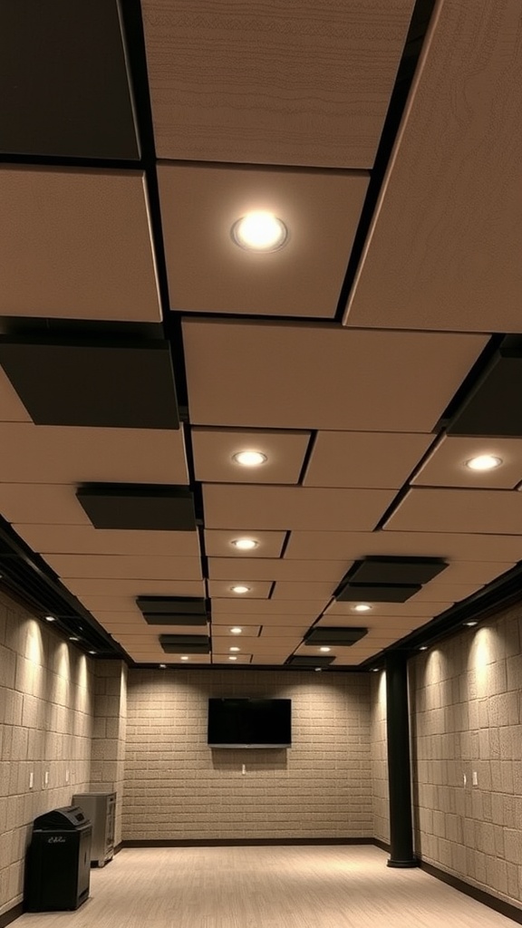 Modern basement ceiling with acoustic panels and recessed lighting