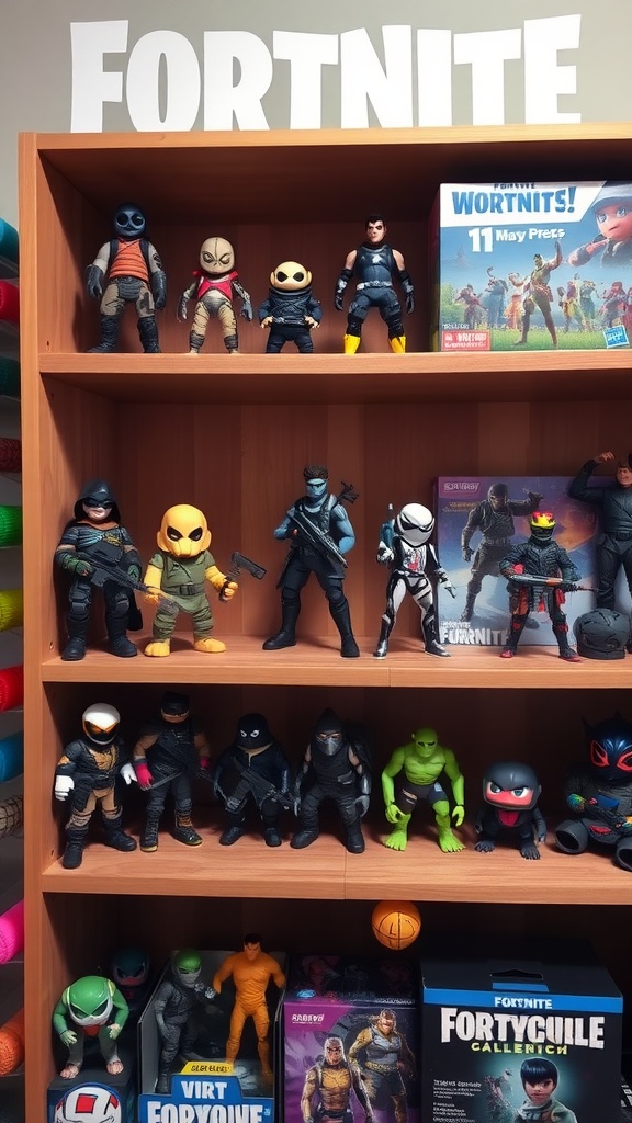 A shelf displaying various Fortnite action figures and game boxes, with a bold 'FORTNITE' sign above.