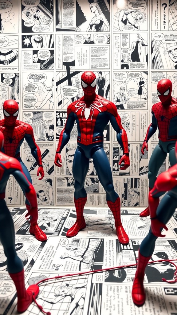 A display of Spider-Man action figures against a comic book background.