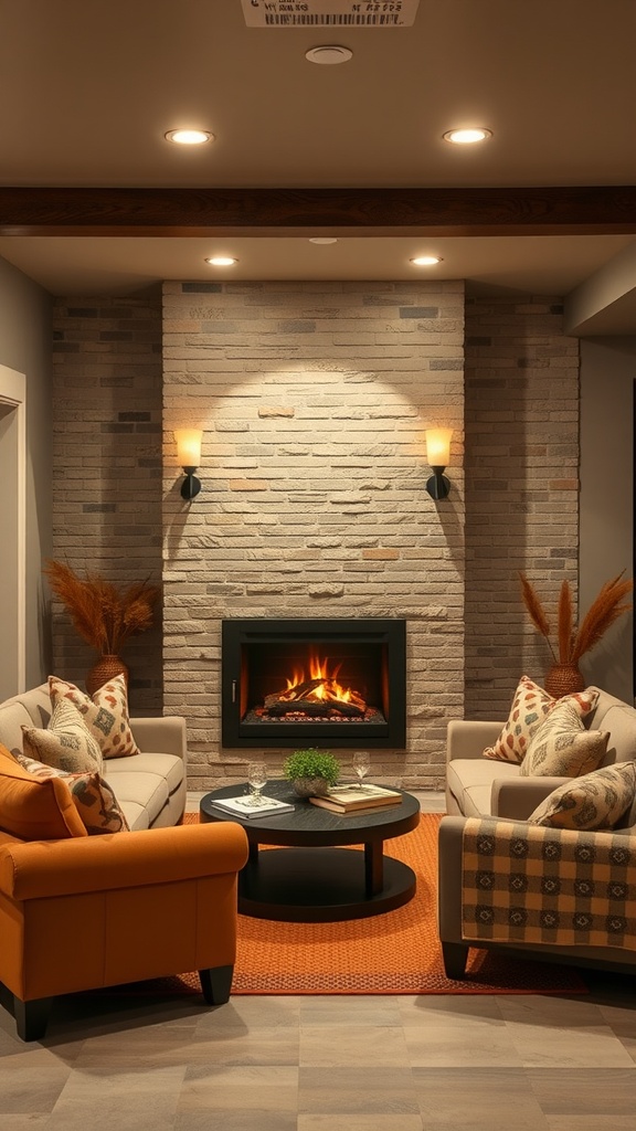 Cozy basement with a modern fireplace, comfortable seating, and warm lighting.