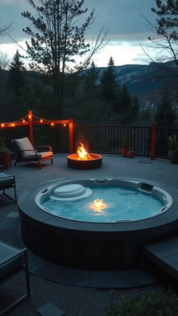 A serene backyard featuring a hot tub and a fire pit surrounded by trees and soft lighting.