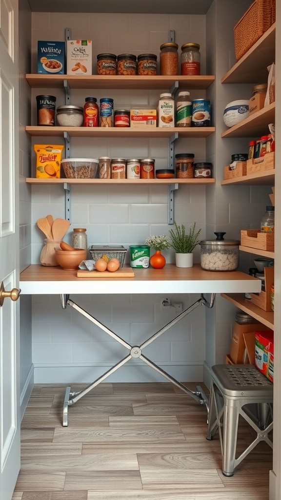 A corner kitchen pantry featuring shelves filled with jars and a folding table for extra prep space.