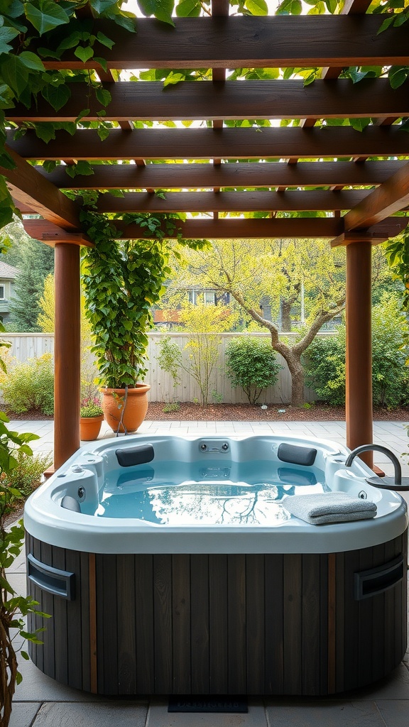 A backyard hot tub under a wooden pergola with green vines.