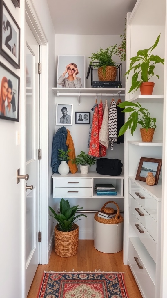 A stylish small walk-in closet featuring shelves, plants, and framed photos.