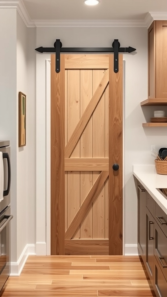 A wooden sliding barn door on a black track leading to a corner kitchen pantry.