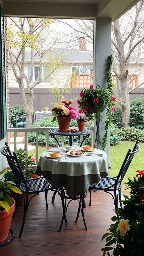 A small dining space on a back porch featuring a round table with plates and glasses, surrounded by potted flowers and greenery.