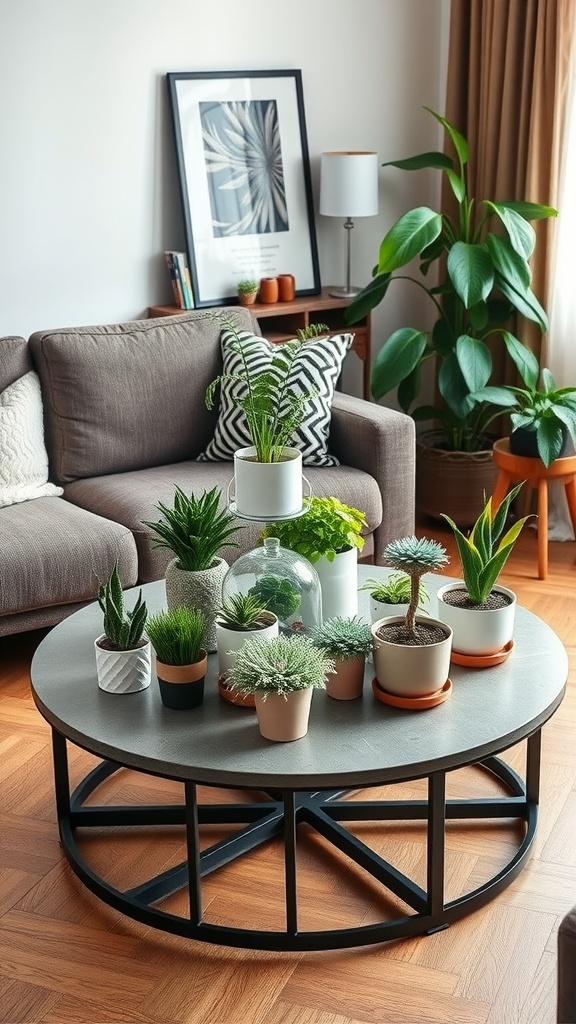 A round coffee table decorated with various potted plants, surrounded by a cozy living room setup.