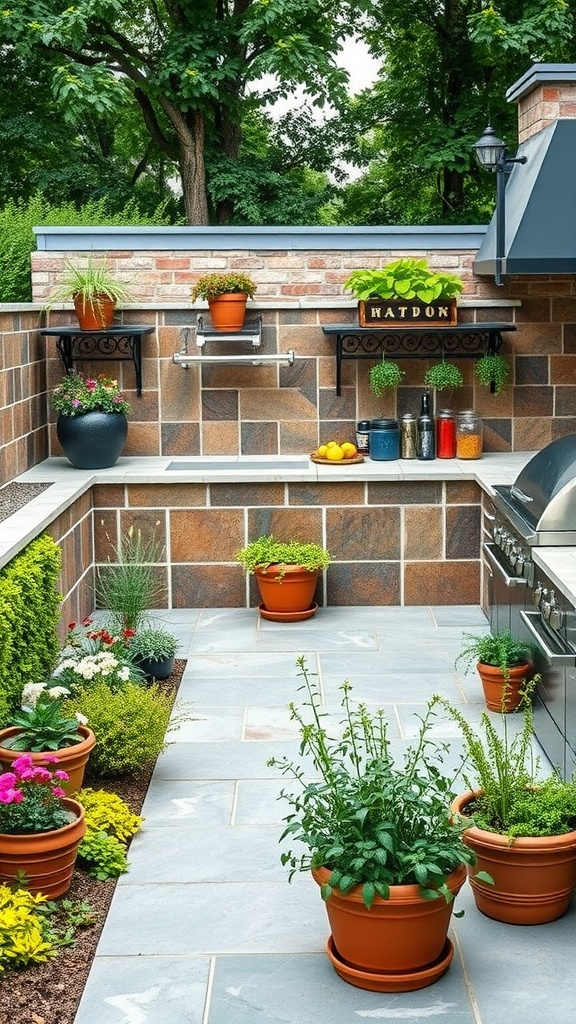An outdoor kitchen patio with various potted plants and herbs, showcasing a vibrant and inviting space.