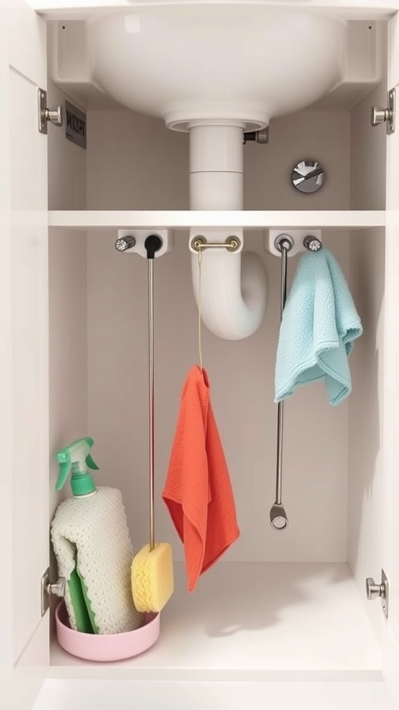 Under sink organization with hooks for hanging cleaning tools and colorful towels.