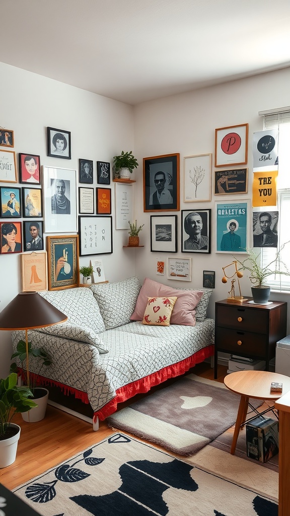 A cozy studio apartment corner featuring a gallery wall filled with eclectic framed art, a patterned couch with cushions, and a small plant.