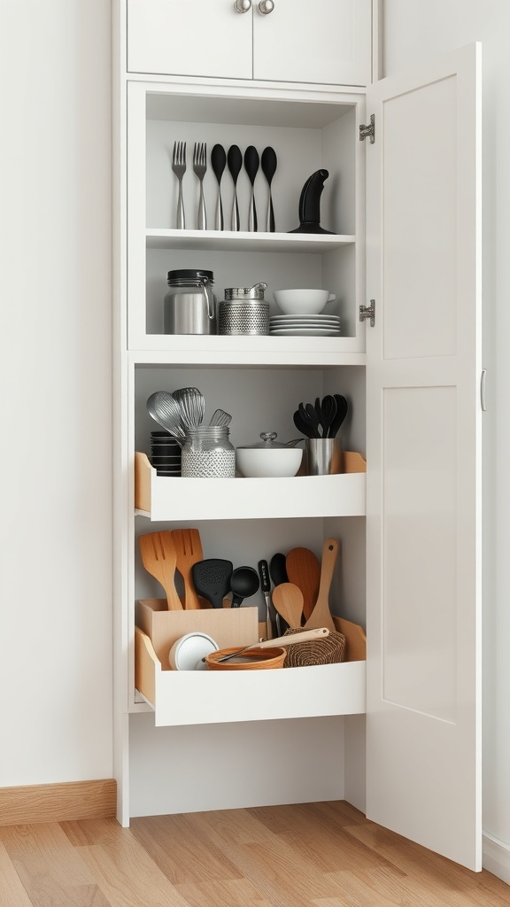 A corner kitchen cabinet with pull-out drawers, showcasing organized utensils and kitchen tools.