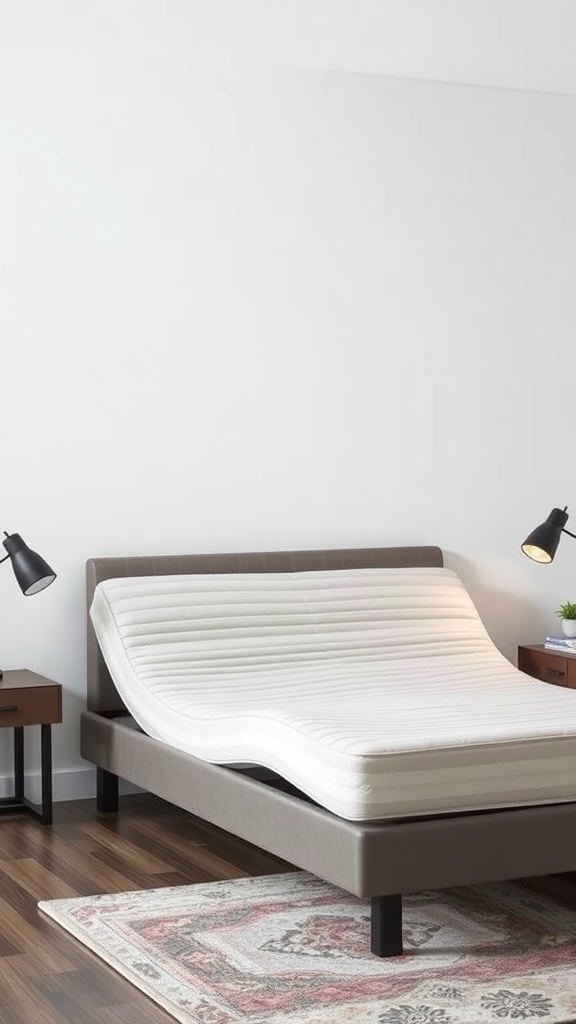 A modern adjustable bed frame with a raised mattress, showcasing versatility and style.