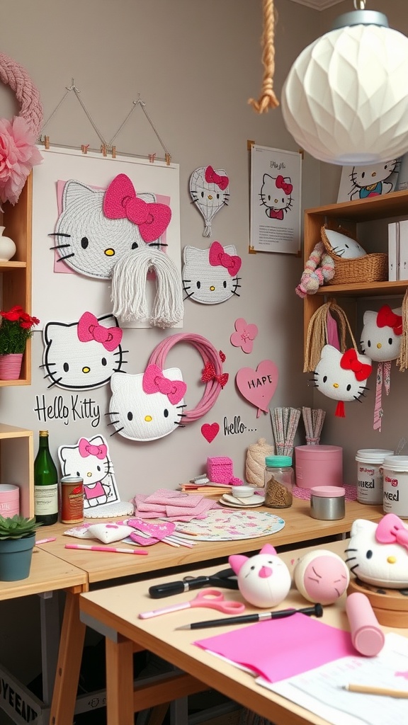 A cozy workspace decorated with Hello Kitty items, featuring wall art, craft supplies, and playful designs.
