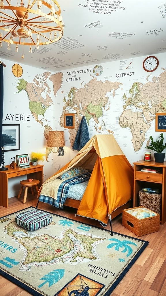Boys bedroom with adventure-themed decor featuring a tent, world maps on the walls, and a geographical rug.