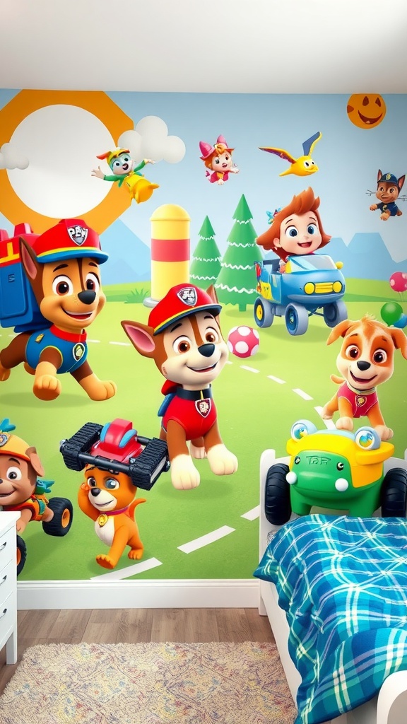 Colorful Paw Patrol wall mural featuring characters and fun elements in a boy's bedroom
