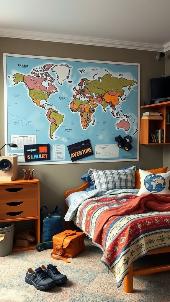 A cozy teen boy bedroom featuring a world map, a neatly made bed, and travel-themed decor.