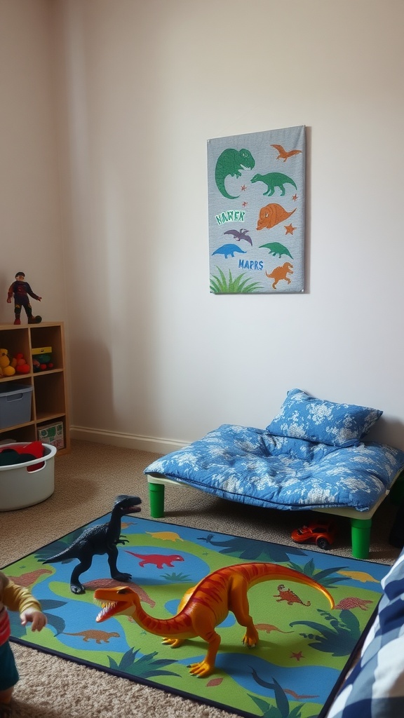 A vibrant dinosaur-themed play area with toys, a colorful rug, and cozy seating.