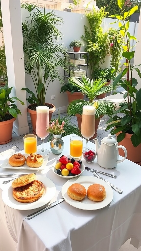 A beautiful outdoor brunch setup with pancakes, sweet buns, and fresh fruits surrounded by greenery.
