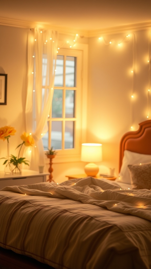 A warm bedroom with fairy lights, a cozy bed, and soft lighting.