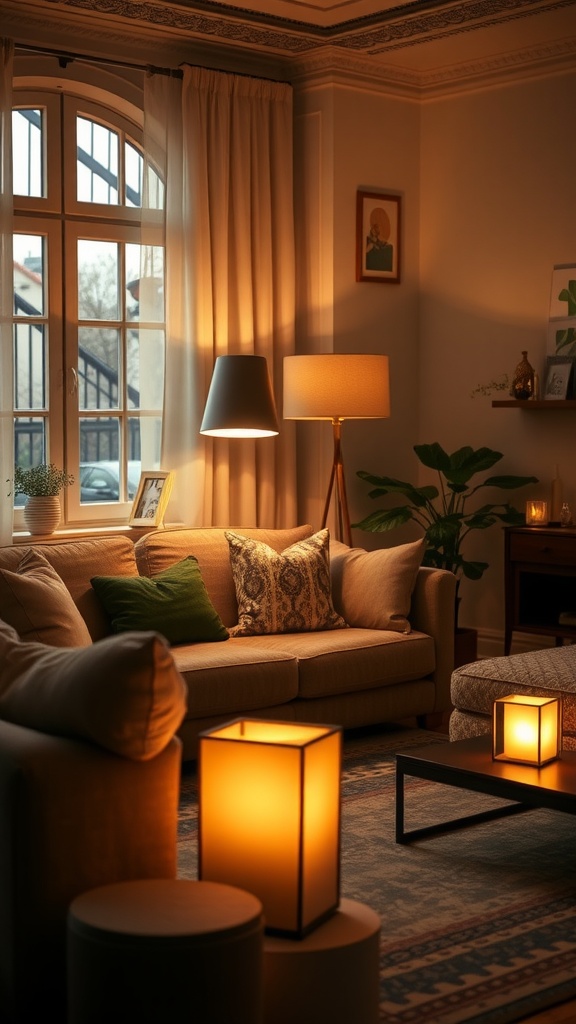 A cozy living room featuring floor lamps with warm lighting, a comfortable sofa, and green plants.