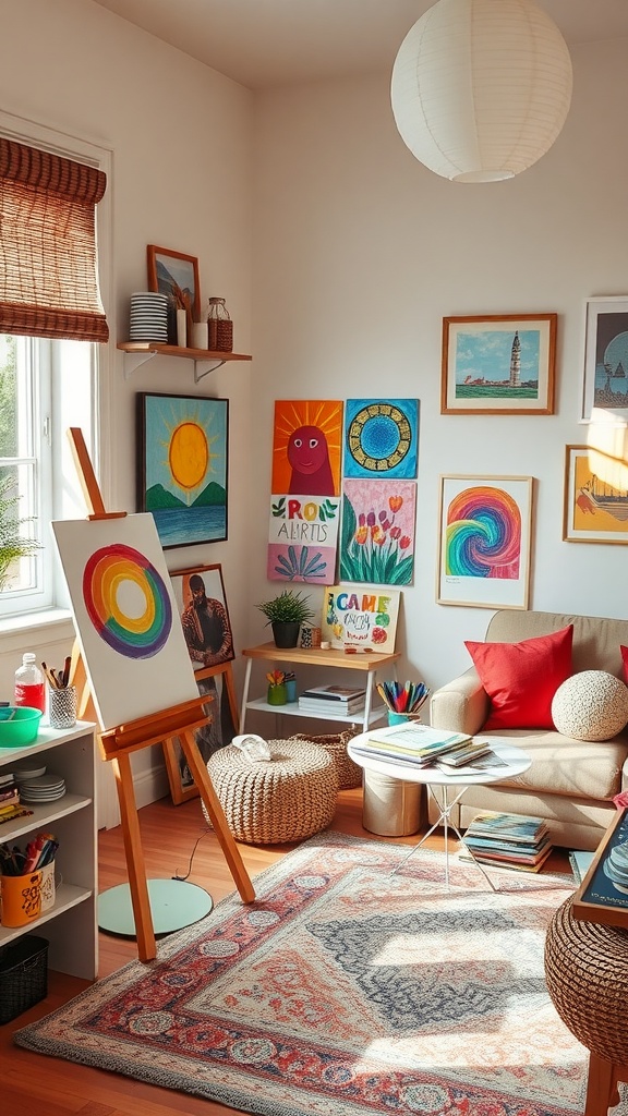 A bright and colorful kids' art and craft corner featuring an easel, colorful artwork on the walls, and organized supplies.