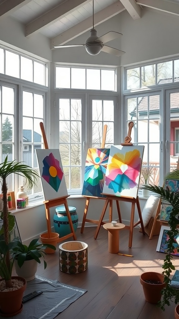 A bright sunroom art studio with colorful paintings on easels and potted plants.