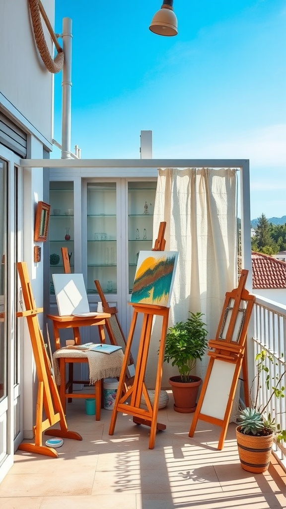 A sunlit balcony art studio with easels, canvases, and potted plants.