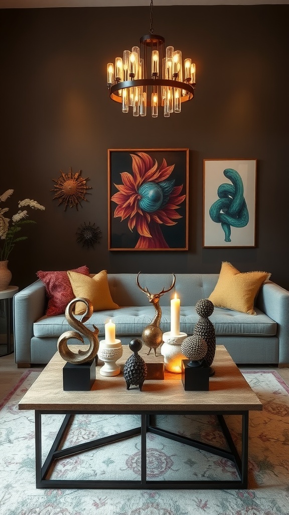 A stylish coffee table arrangement featuring unique sculptures, candles, and decorative elements.