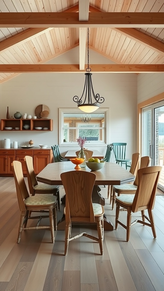 A cozy lake house dining area featuring a wooden table surrounded by colorful chairs and natural light.