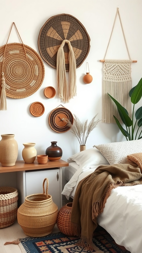 A cozy bohemian bedroom featuring artisan handmade decor including woven baskets, pottery, and potted plants.