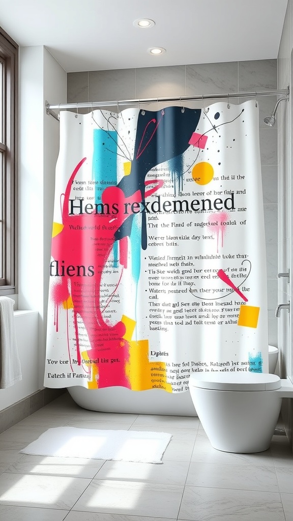 A colorful abstract shower curtain with bold shapes and text in a modern bathroom setting.