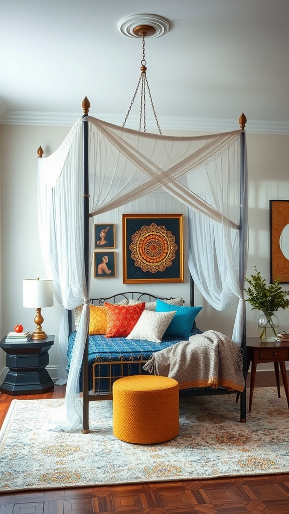 A cozy artistic canopy bed with sheer drapes, colorful pillows, and stylish decor.