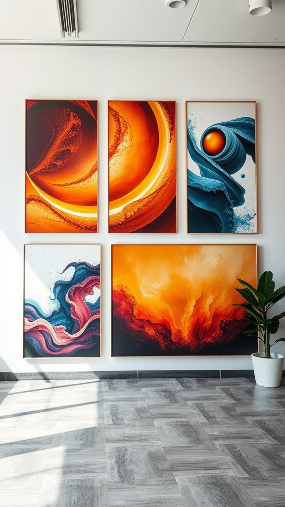 A bright and colorful display of five artistic canvases arranged on a wall, featuring abstract designs in red, orange, and blue, with a green plant beside them.