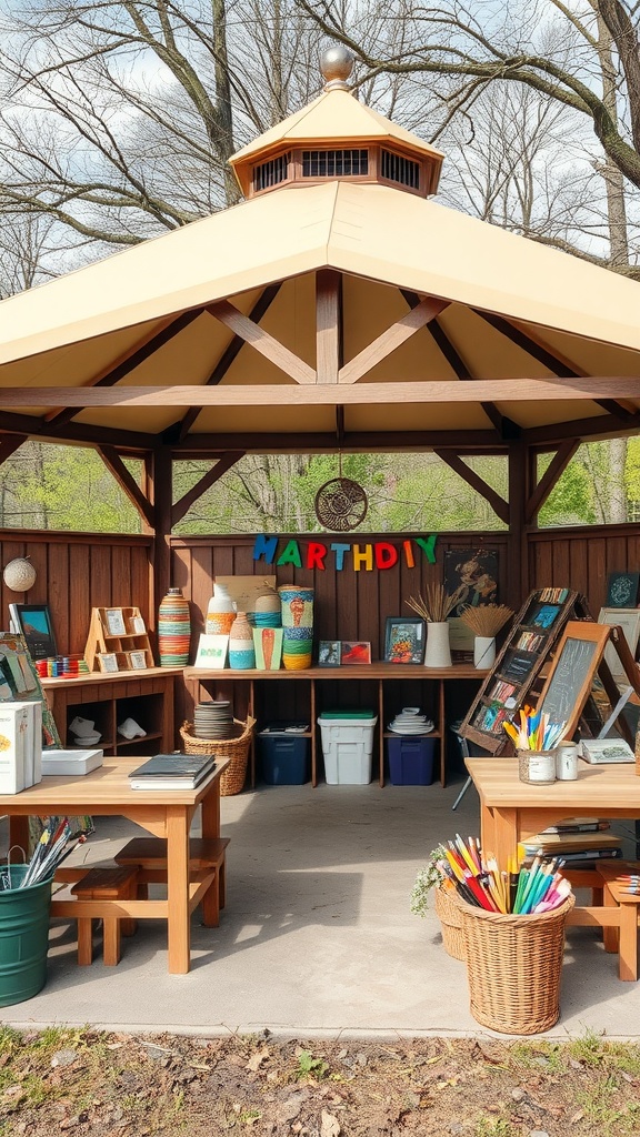 Artistic craft station in a gazebo with colorful art supplies and projects displayed.