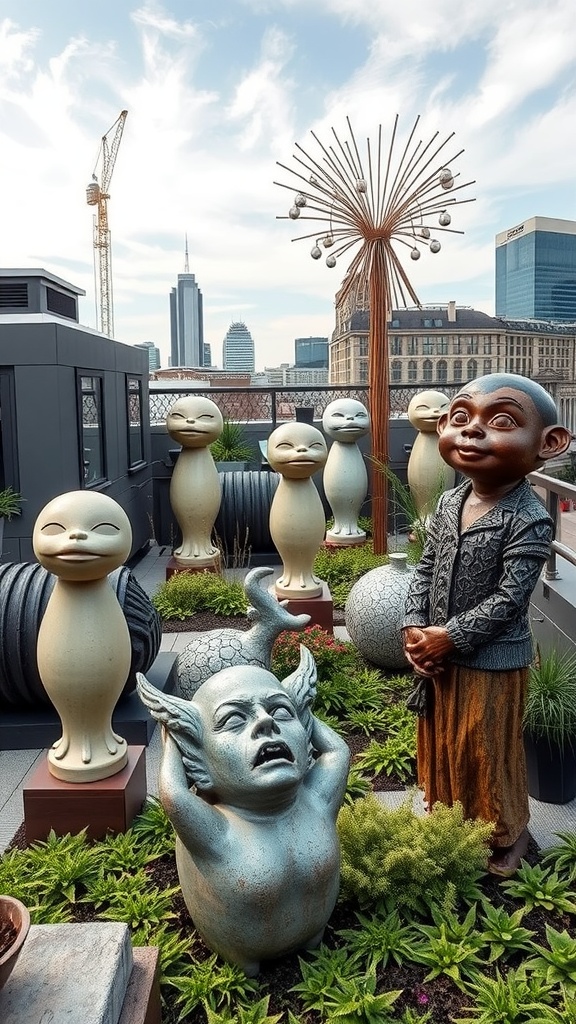 A rooftop garden with artistic sculptures, including whimsical figures and abstract designs, surrounded by greenery.