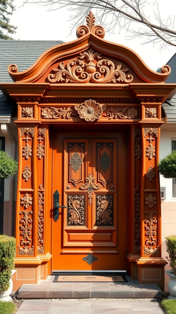 A beautifully designed front door with intricate carvings and vibrant colors.