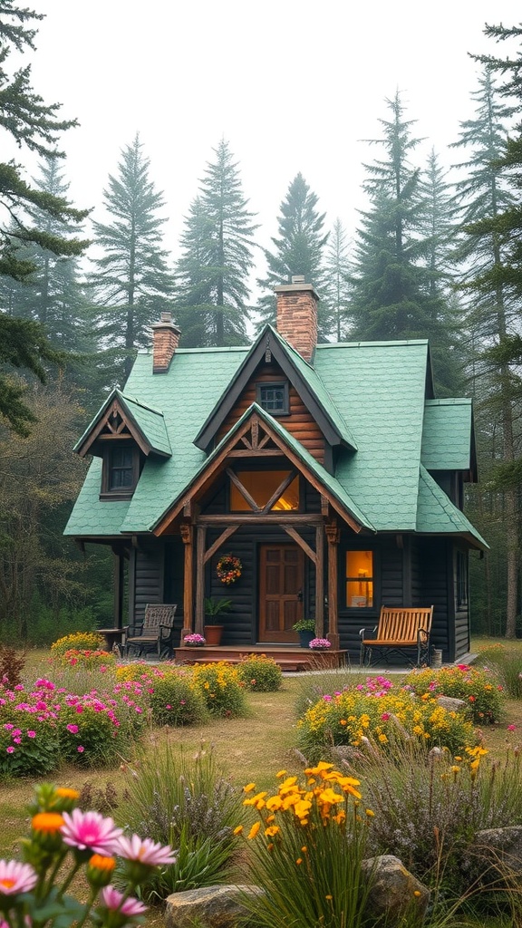 A charming wooden cabin surrounded by pine trees and colorful flowers in a misty forest.