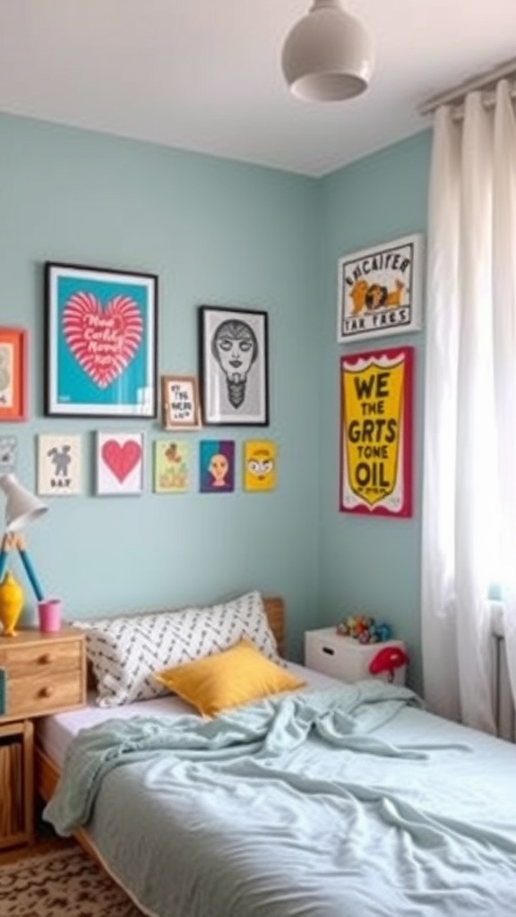 Colorful bedroom with artwork on the walls and cozy decor.