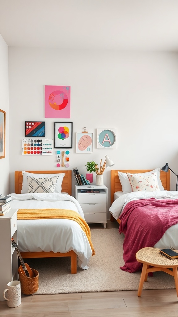 A beautifully decorated boys' bedroom featuring two beds, colorful artwork on the walls, and a cozy atmosphere.