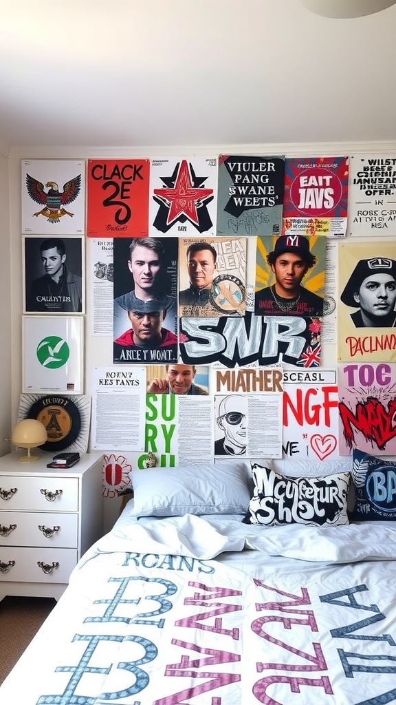 A colorful wall of posters and art in a teen boy's bedroom, featuring music icons and graphic designs.