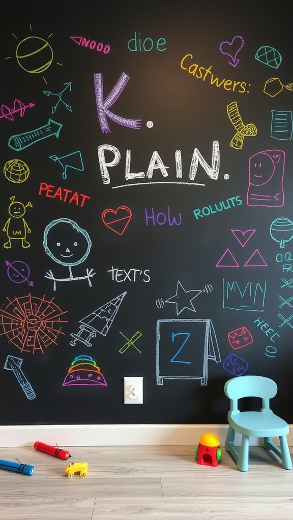 Chalkboard wall with colorful doodles and a small blue chair in a playroom