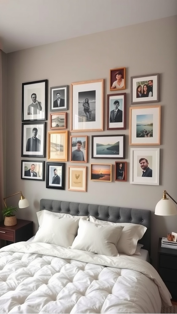 A cozy bedroom featuring a gallery wall with various framed photos above a neatly made bed.