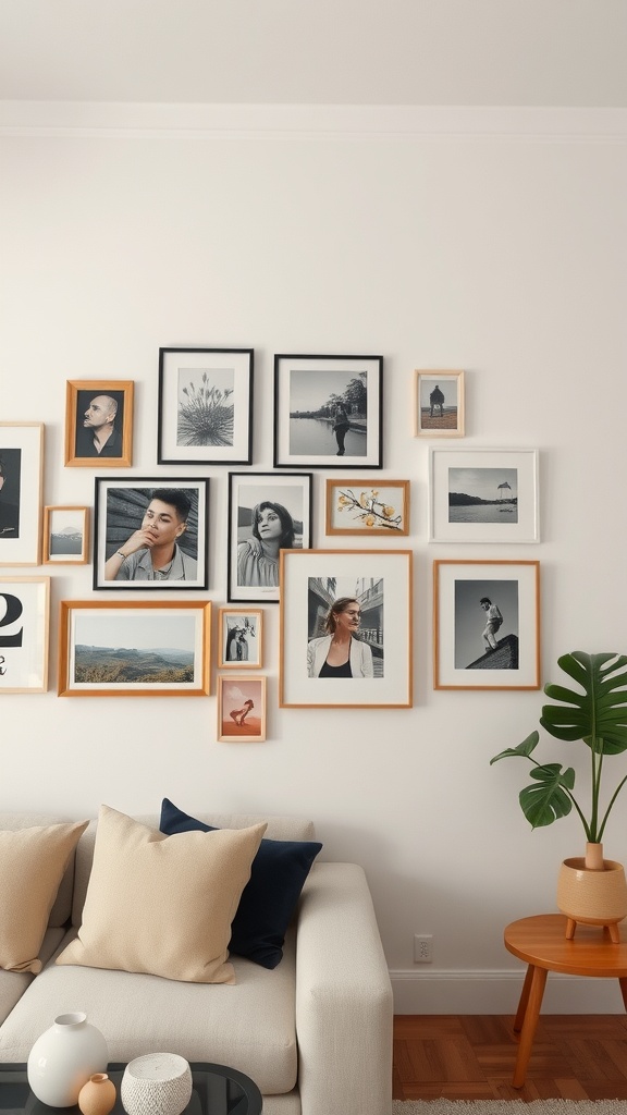 A stylish gallery wall featuring a variety of framed photographs and artwork in an apartment setting.
