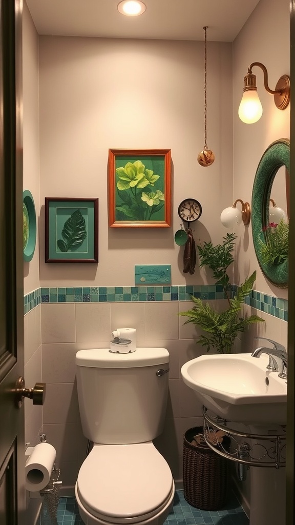 A small bathroom featuring green artwork, including framed leaves and flowers, a round mirror, and decorative plants.