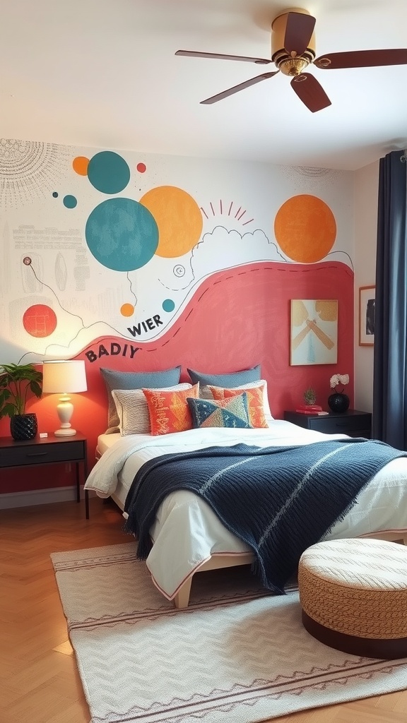 A hand-painted accent wall in a bedroom featuring bold text and colors, complemented by a cozy bed and decorative elements.
