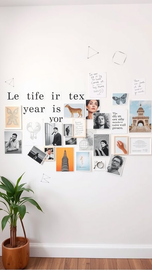 A wall with an artistic inspiration board featuring various images, quotes, and a potted plant.