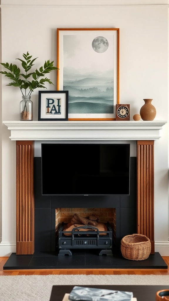 Stylish fireplace wall with TV, wooden mantel, and decorative items.