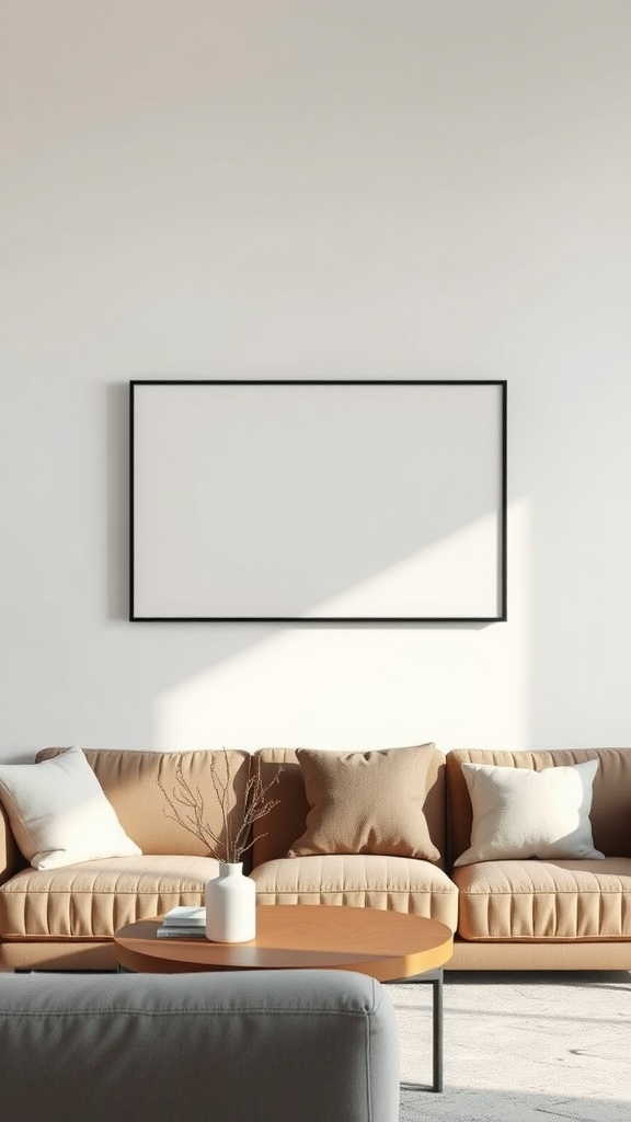 A minimalist living room featuring a neutral color palette, a comfortable couch, a round coffee table, and an empty frame on the wall.